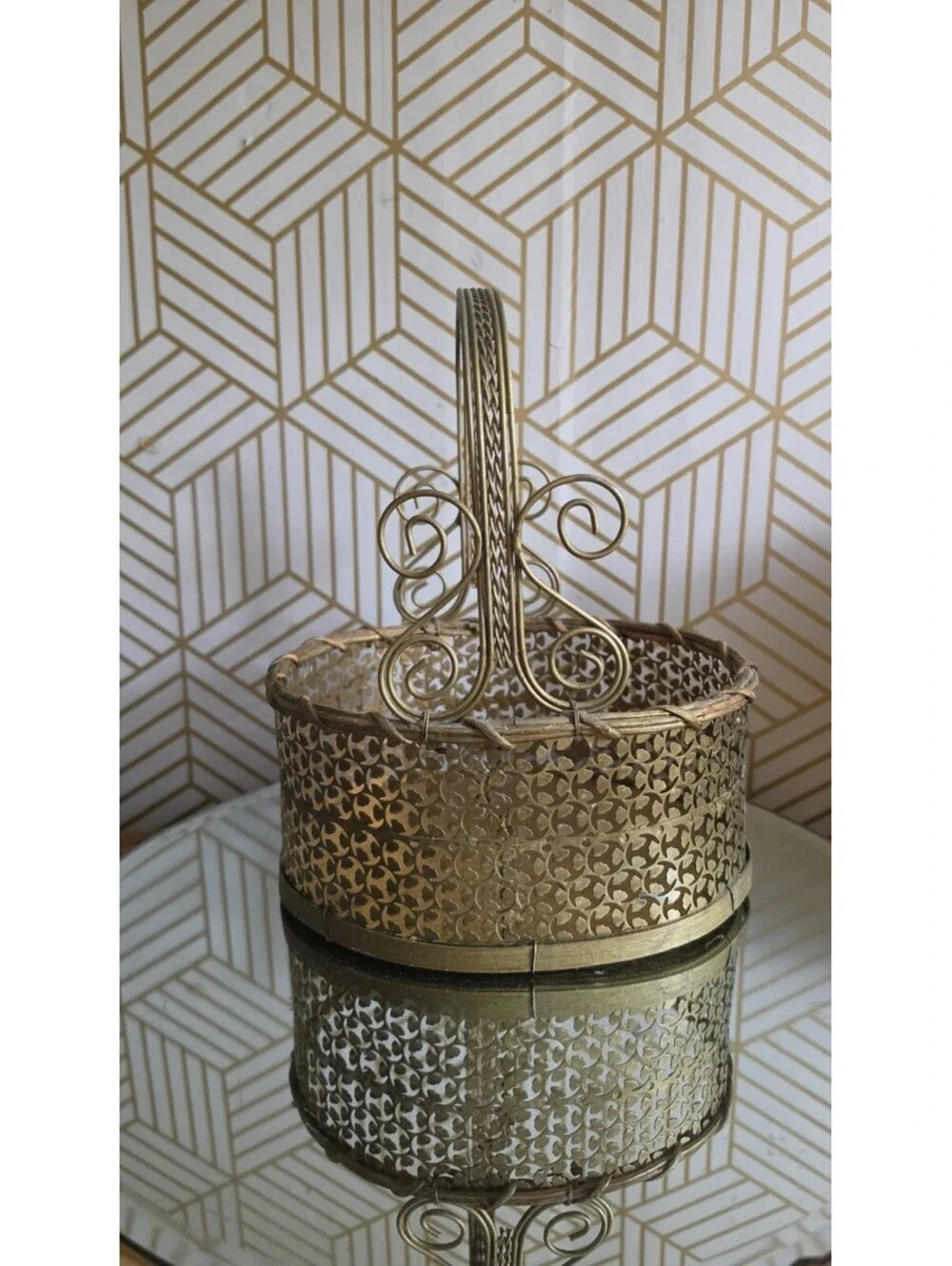 Vintage Perforated Gold Metal Scroll And Wood Basket